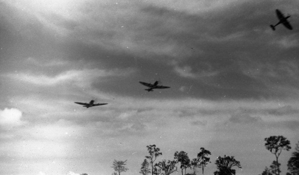 Three air fighters in flight, 1945