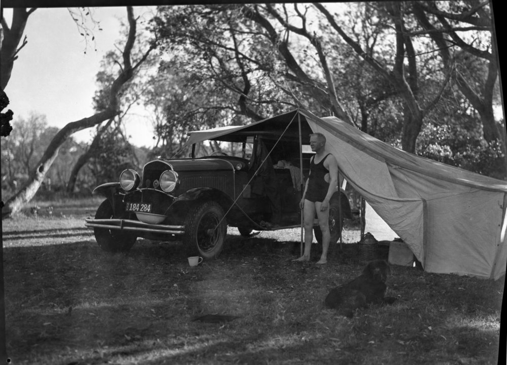 Algar Parish camping with his red setter, c.1930