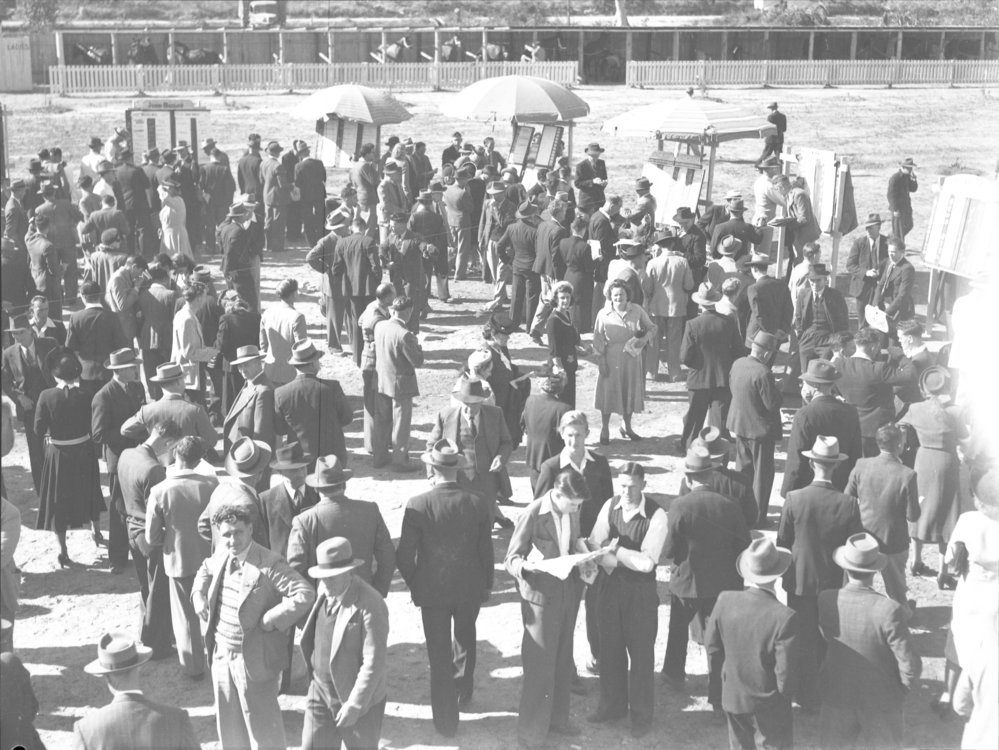 Bookies' pit at the Coffs Harbour Racing Club's inaugural meeting, 7 August 1948