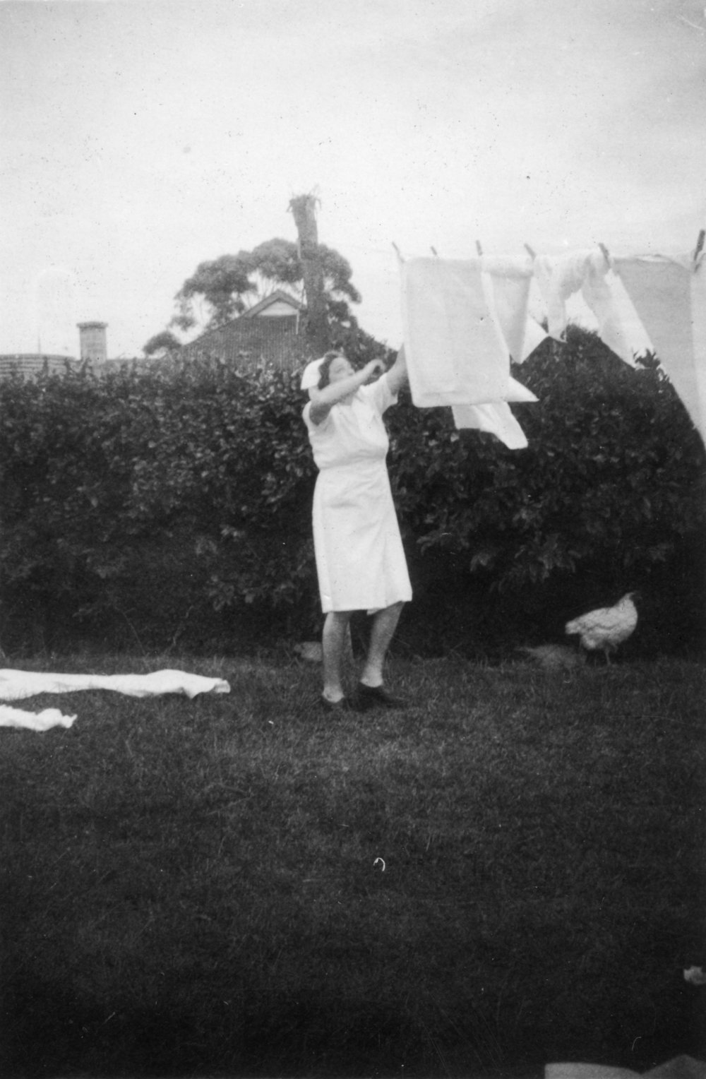Sister Hurd with the washing line at Sunnyside Hospital, late 1940s