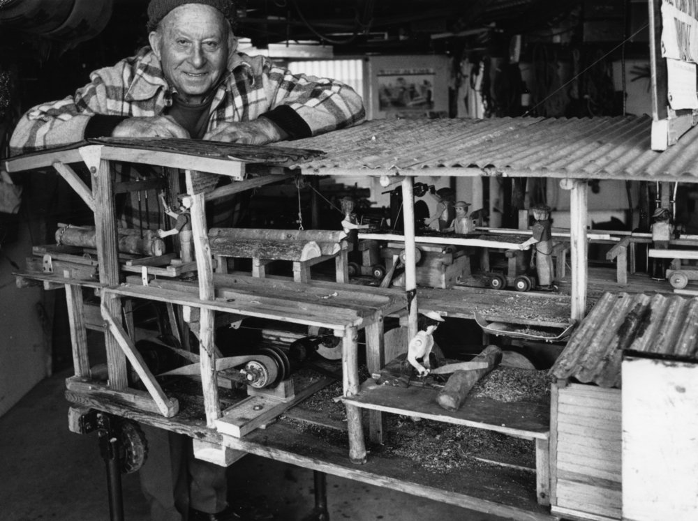 Dudley Timms with a scale model of the Timmsvale timber mill, 21 July 1992 