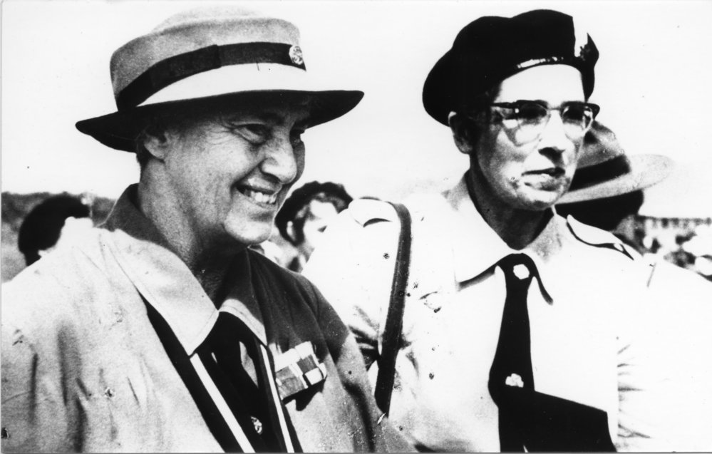 World Chief Guide Lady Baden-Powell welcomed during a brief stop at Coffs Harbour airport by Mrs Naomi England, February 1958