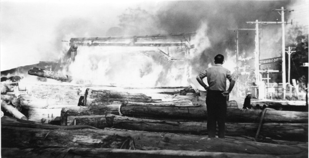 Allen Taylor's sawmill at the height of the inferno, 20 October 1960