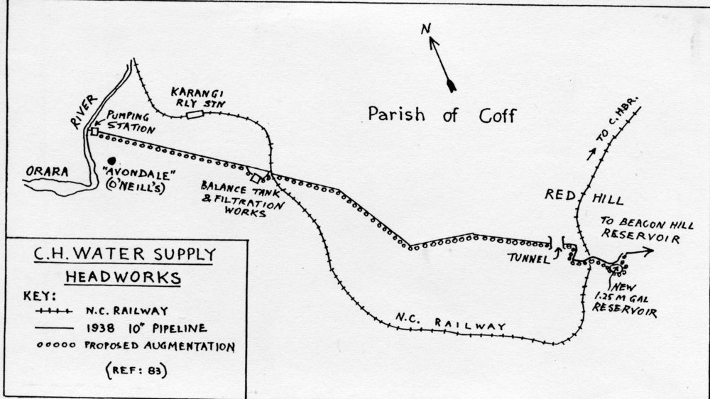 Diagram showing the proposed (1947) duplication of the original (1938) water main from O'Neill's on the Orara River