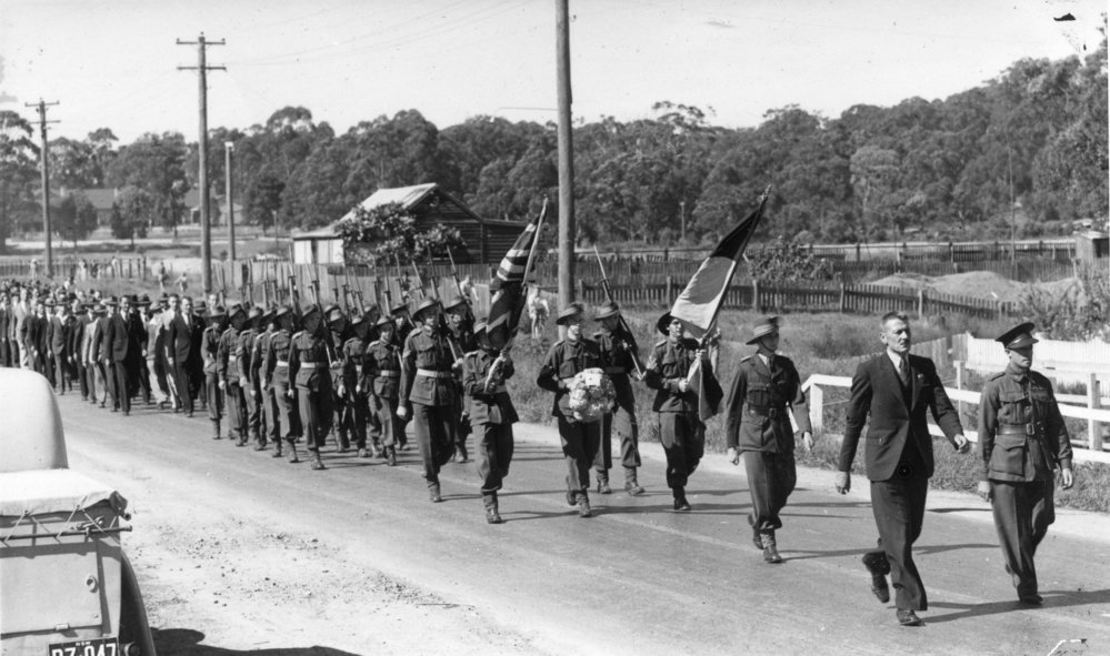 ANZAC Day March in front of the Presbyterian Church in High Street, 1947