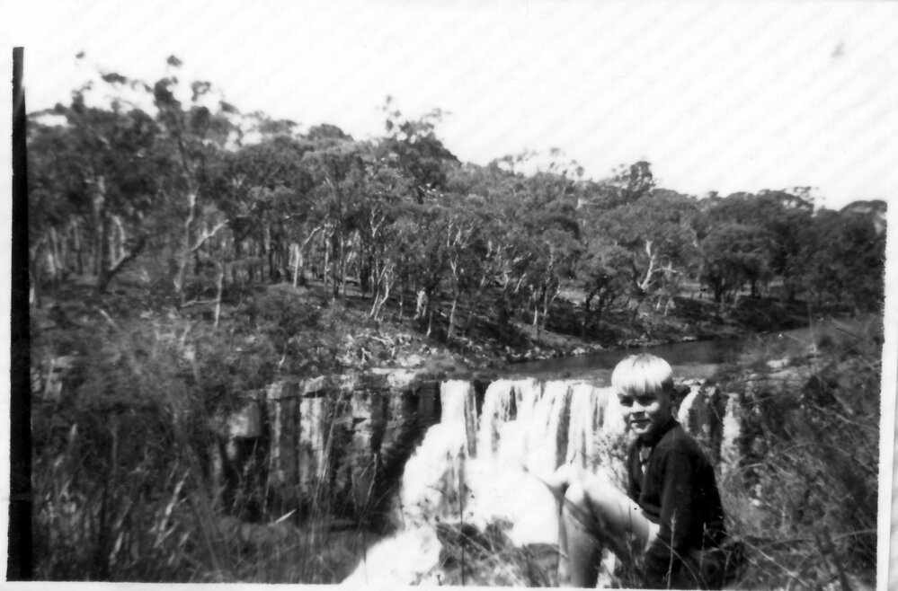 Hugh Nicol at the top of the Ebor Falls, 1950s 