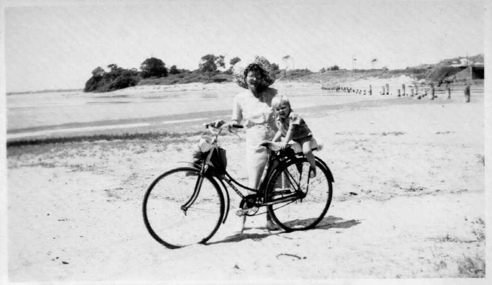 Hugh and Betty Nicol with their bike on Park Beach, c. 1945