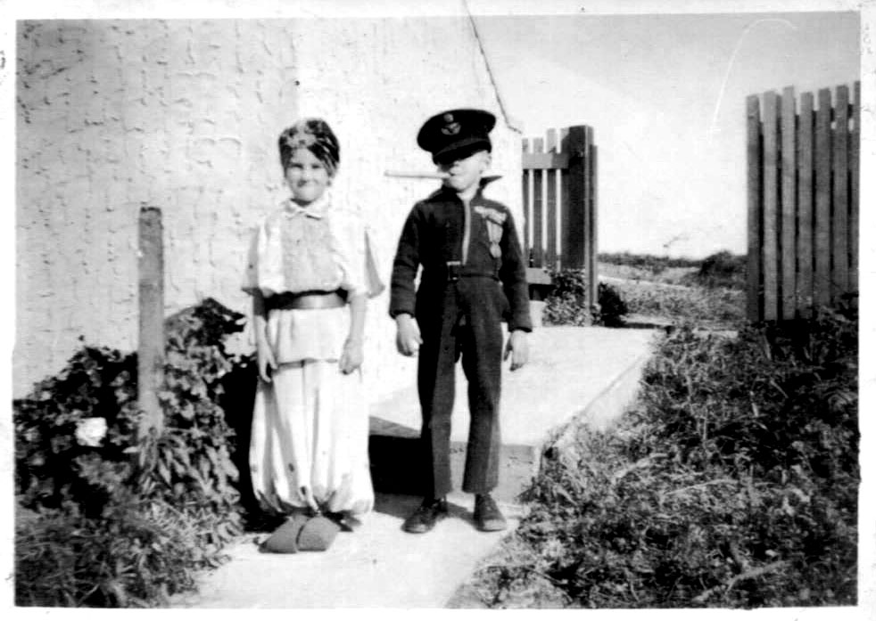 Mark Fitzgerald and Hugh Nicol in fancy dress at Edinburgh Street, mid 1940s