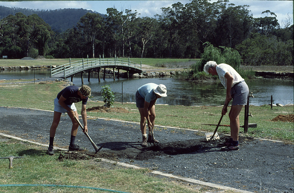 Alex Floyd wth Steve Filewood and "Big Jim" at a North Coast Regional Botanic Garden working bee, 1980s