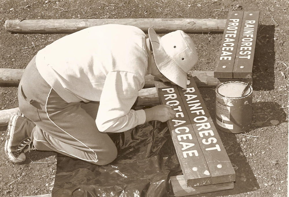 Friends volunteers paint signs for the North Coast Regional Botanic Garden