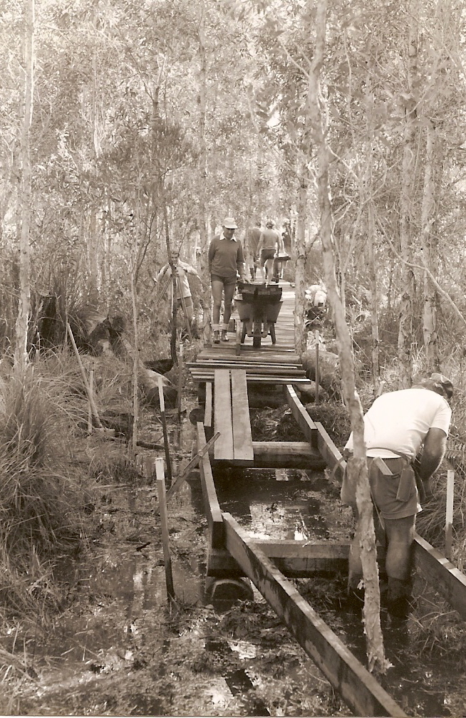 Paperbark boardwalk construction in the North Coast Regional Botanic Garden, 1980s