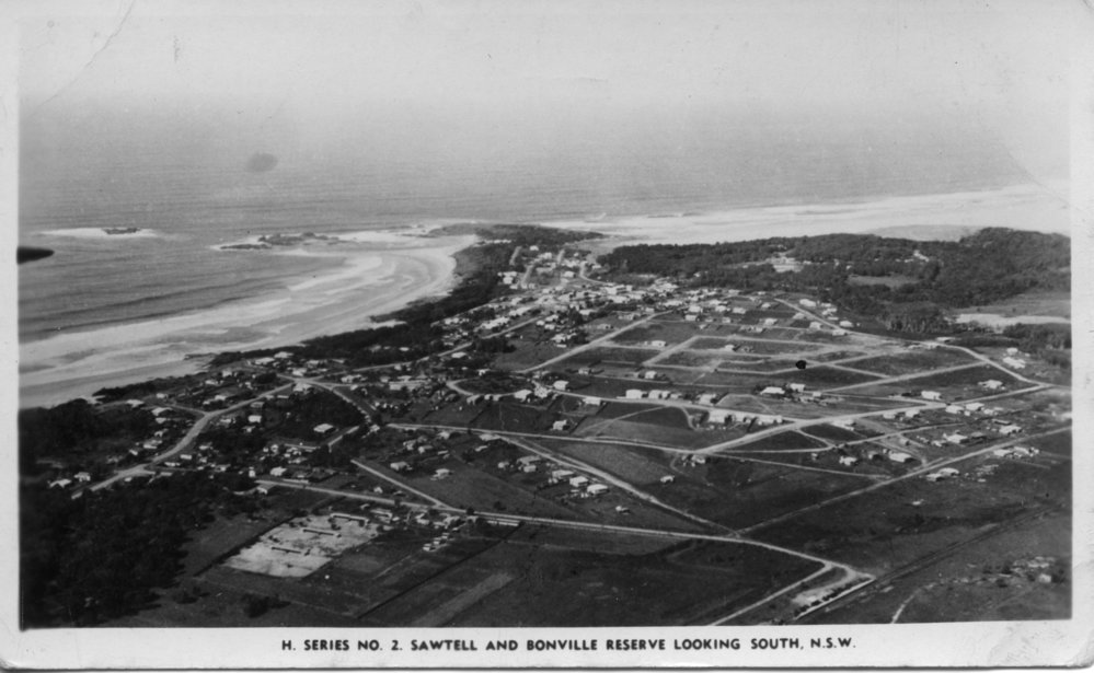 Aerial view of Sawtell and Bonville Reserve, 1930s