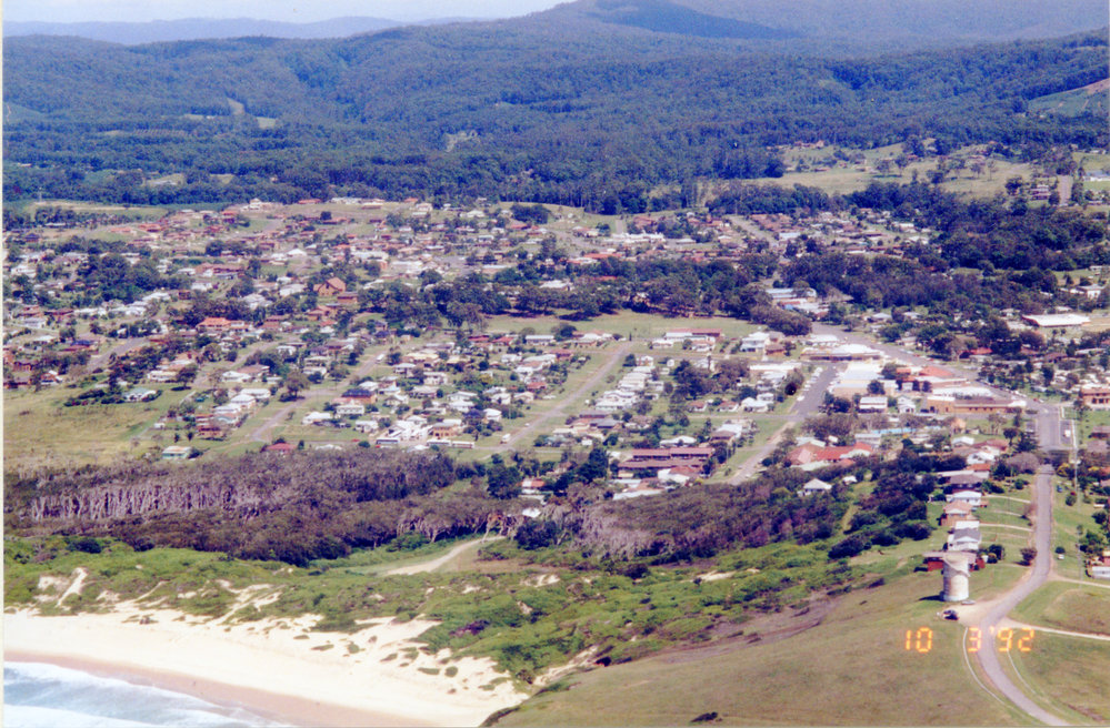 Aerial view of Woolgoolga Back Beach and township, 10 March 1992