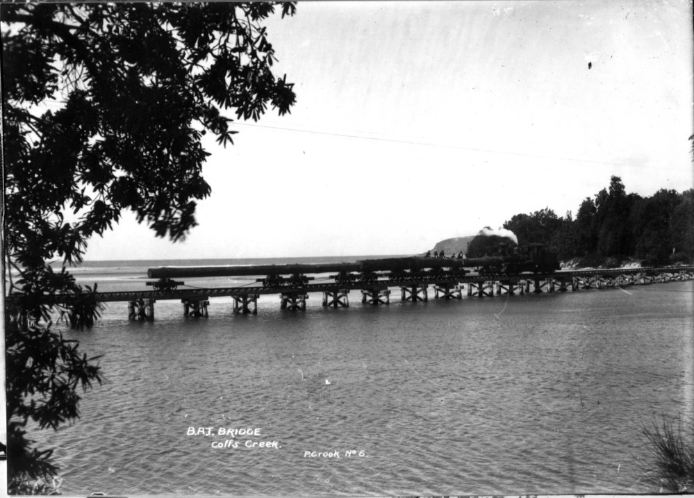 The British Australian Timber Company's steam locomotive crossing Coffs Creek, early 1900s