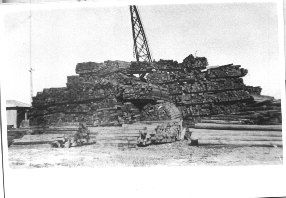 Stockpile of cut sleepers and uncut logs at Coffs Harbour Jetty for transport to New Zealand, early 1900s