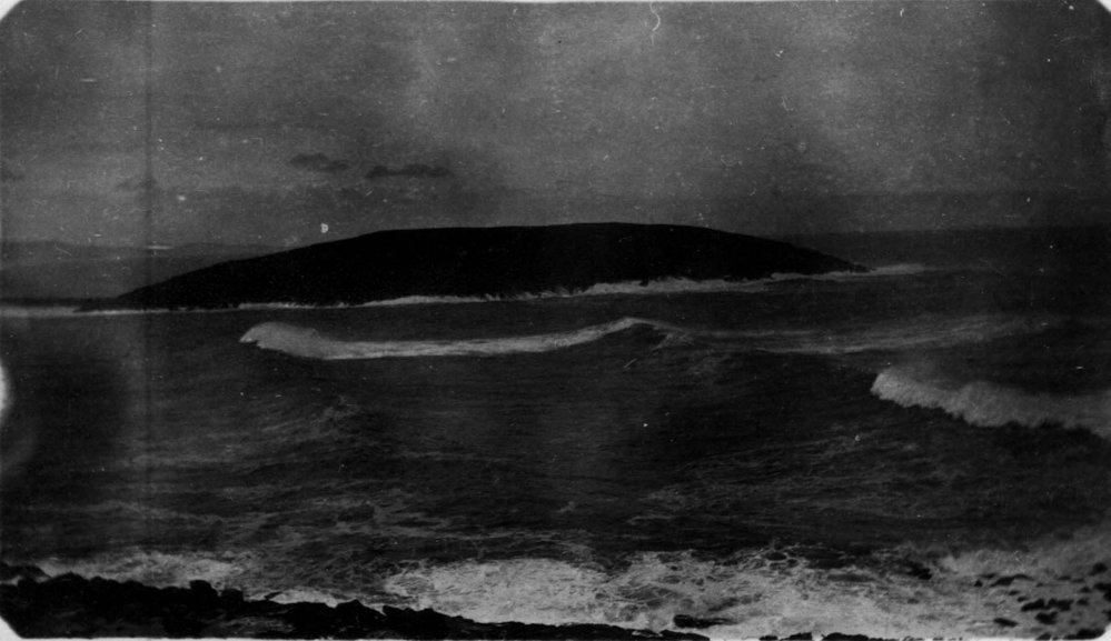 Looking over rough seas towards Mutton Bird Island from Corambirra Point, early 1900s