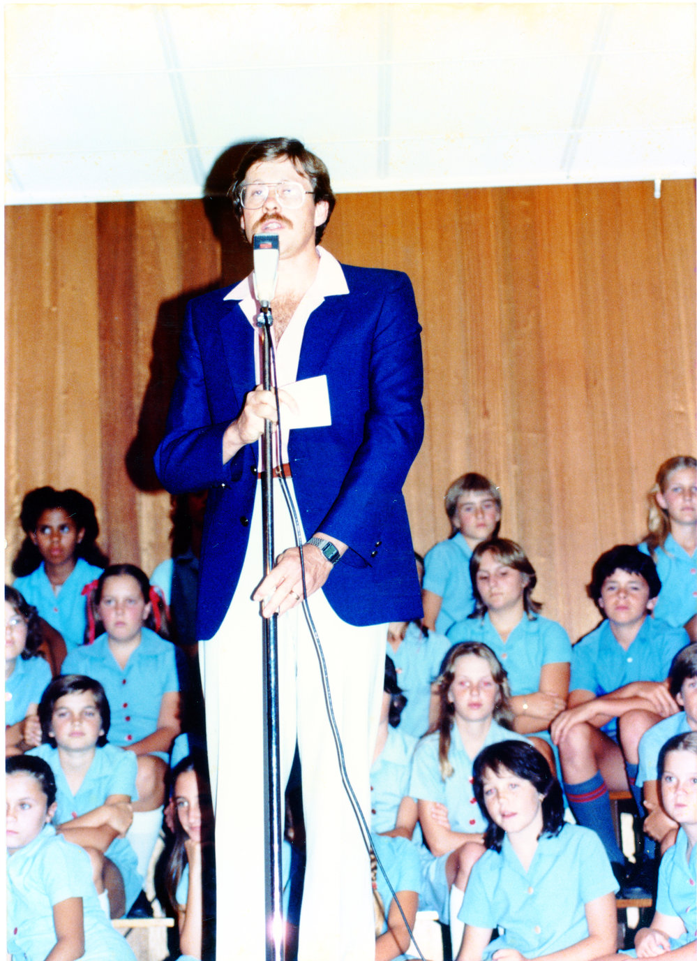 Students in the school hall at St Augustine's School, 1983 