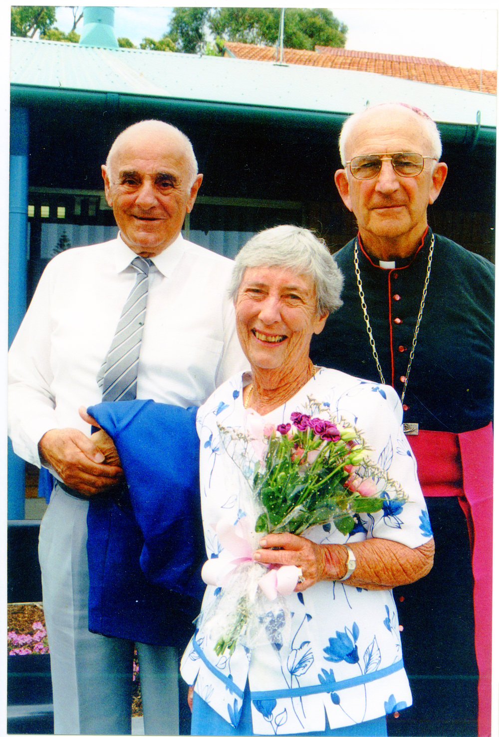 Bernie and Pat Malouf with Bishop Satterthwaite at the Blessing of St Augustine's School extensions, 2001