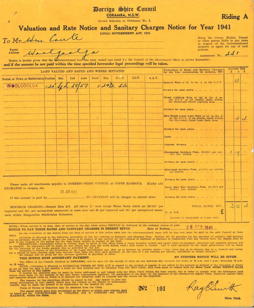 Dorrigo Shire Rates Notices and Receipts, 1941 - 1952