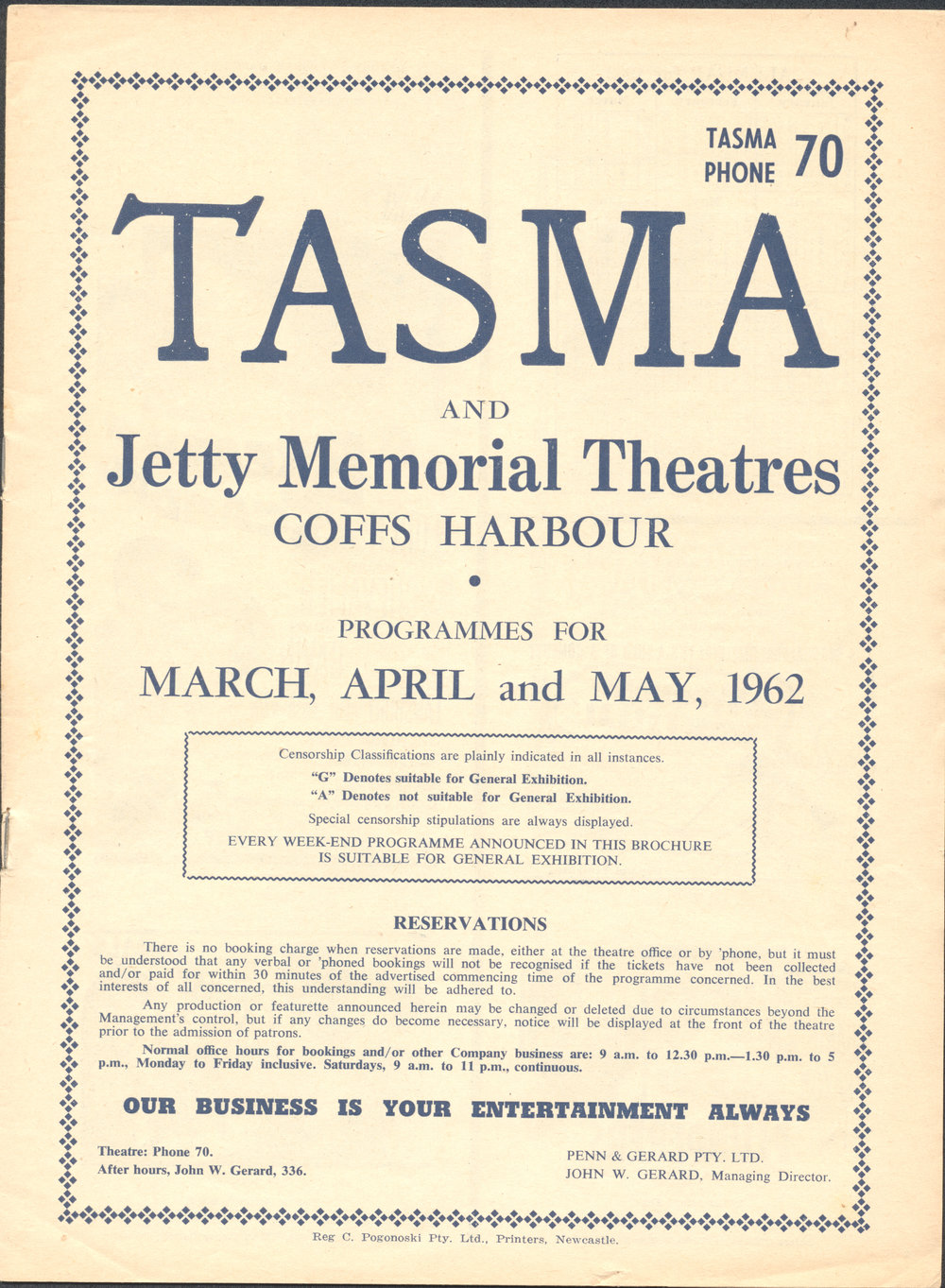 Tasma &amp; Memorial Theatre Programme, March to May 1962
