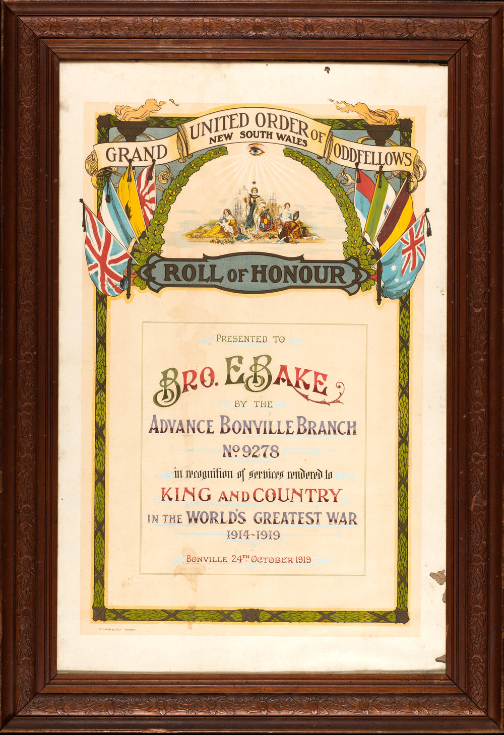 Honour Roll for Brother E. Bake, 1919