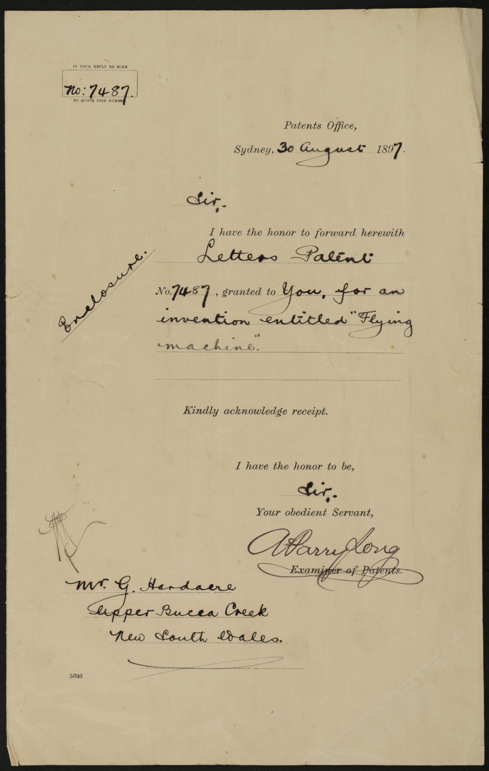 Letter from Examiner of Patents to George Hardacre, 1897