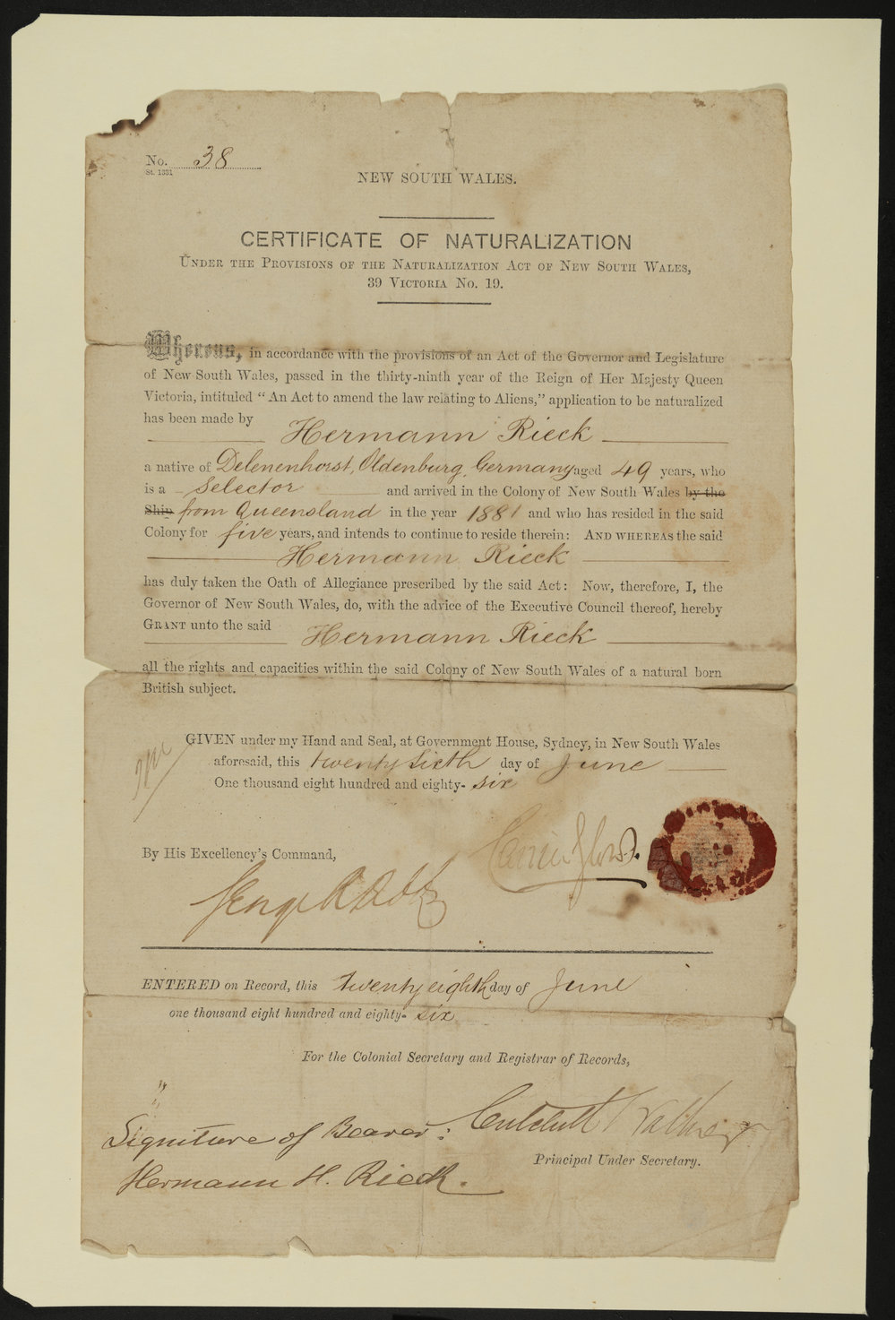 Hermann Rieck's certificate of naturalisation, 1886
