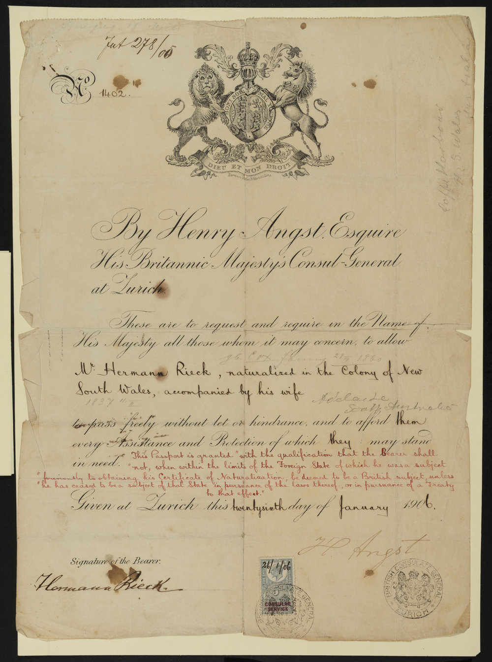 Hermann Rieck's passport, 1906