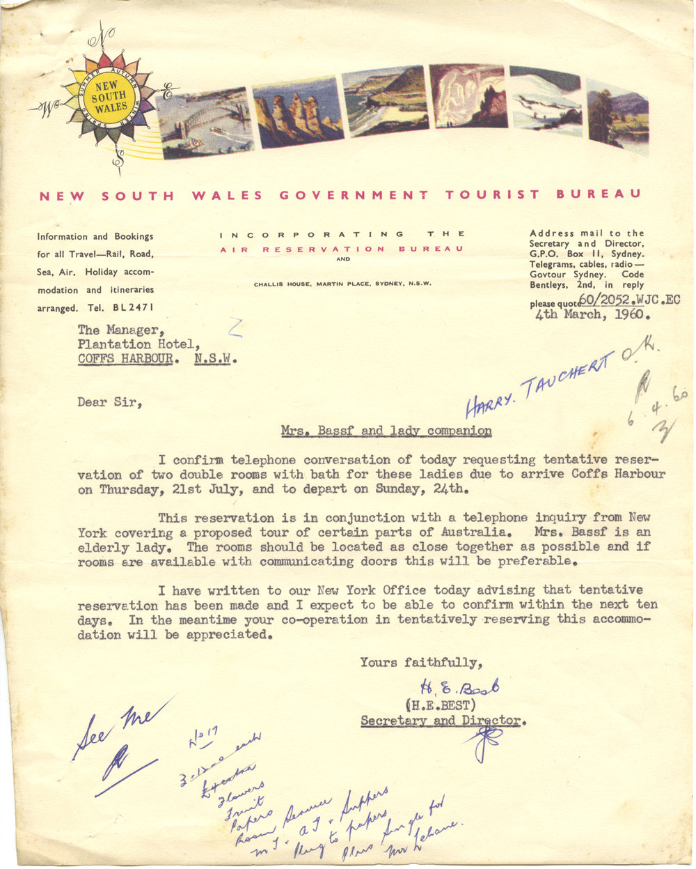 Letter, NSW Government Tourist Bureau, 1960