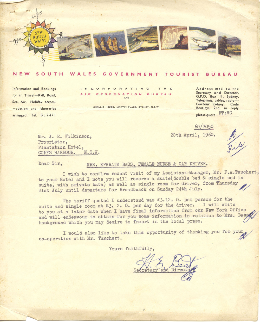 Letter, NSW Government Tourist Bureau, 1960