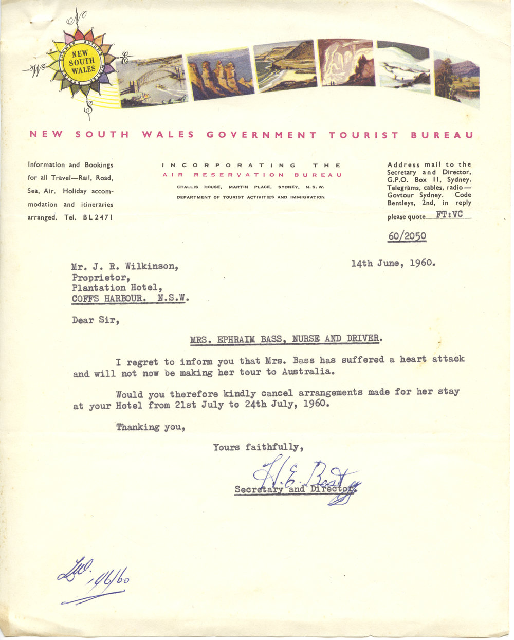 Letter, NSW Government Tourist Bureau, 1960