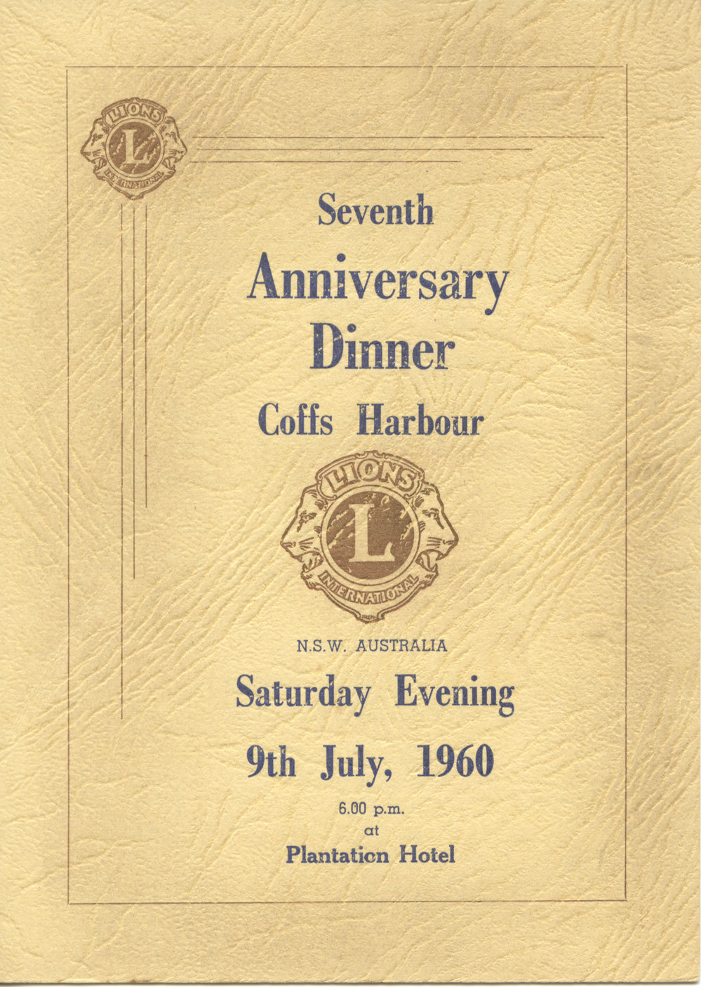 Coffs Harbour Lions Club Dinner Program, Plantation Hotel, 1960