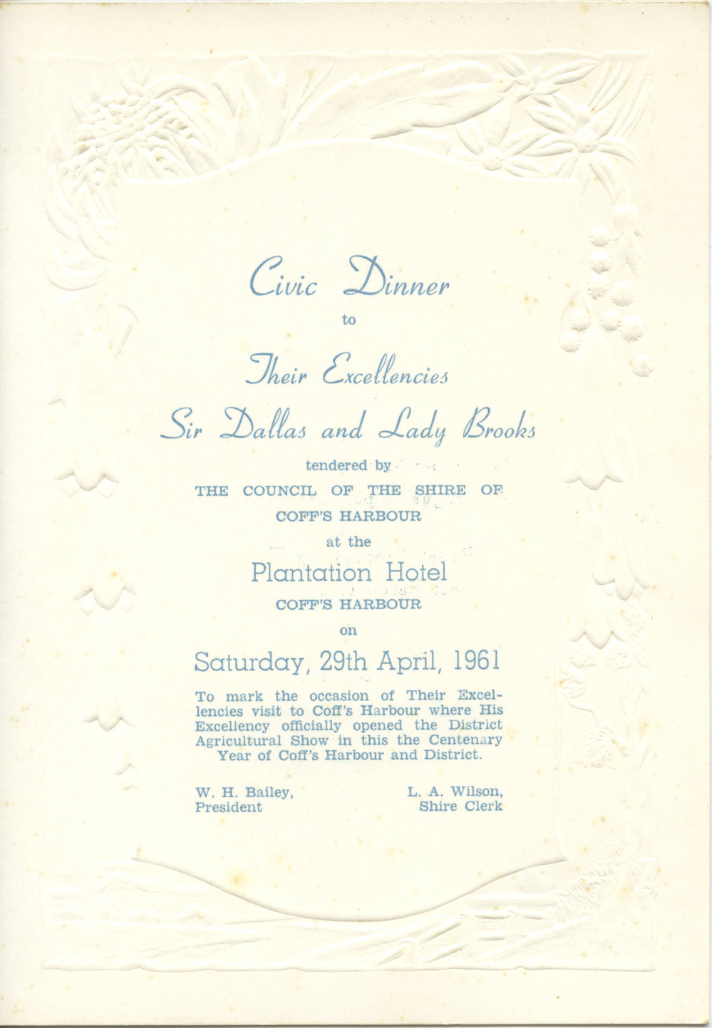 Civic Dinner Menu, Plantation Hotel, 1961