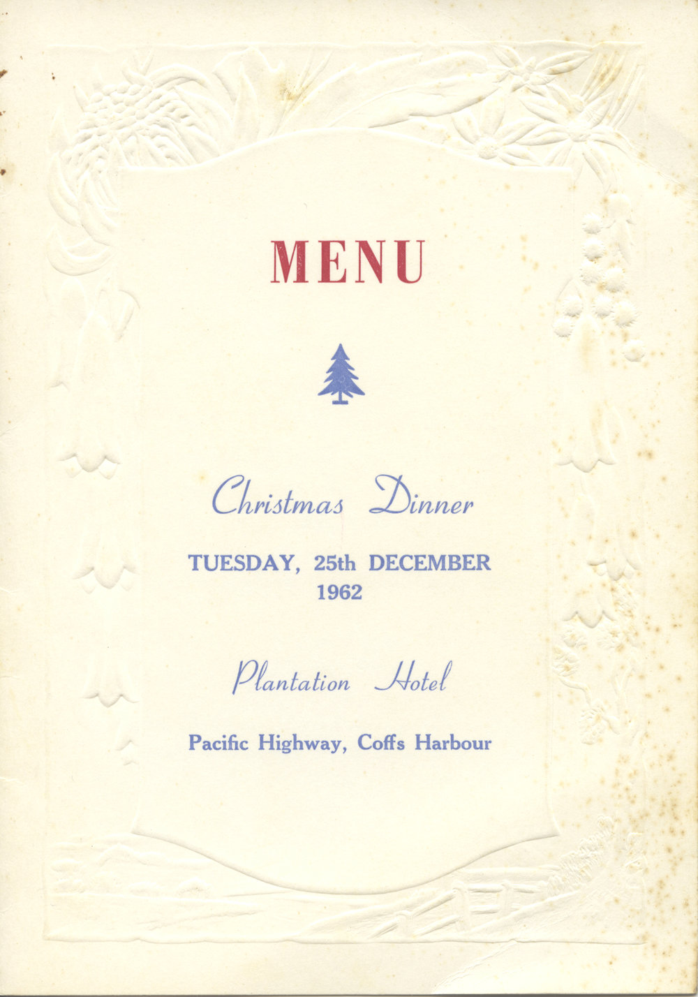 Christmas Dinner Menu, Plantation Hotel, 1962