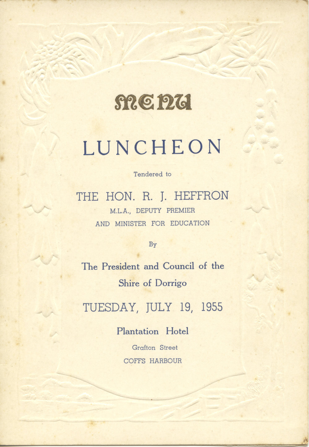 Luncheon Menu, Plantation Hotel, 1955