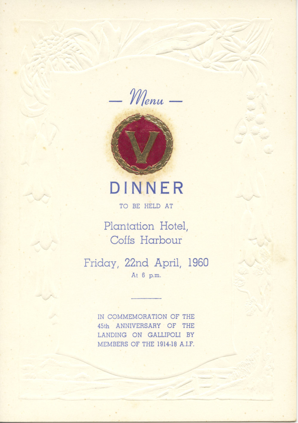 Gallipoli Anniversary Dinner Menu, Plantation Hotel, 1960