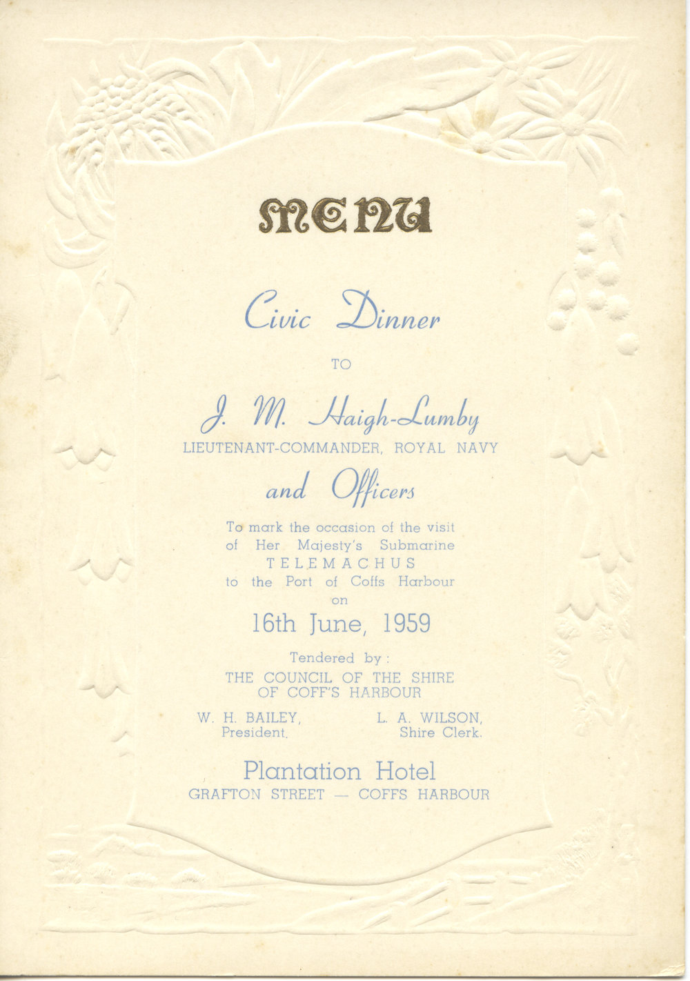 Civic Dinner Menu, Plantation Hotel, 1959