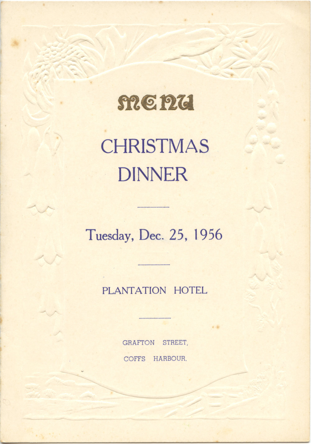 Christmas Dinner Menu, Plantation Hotel, 1956