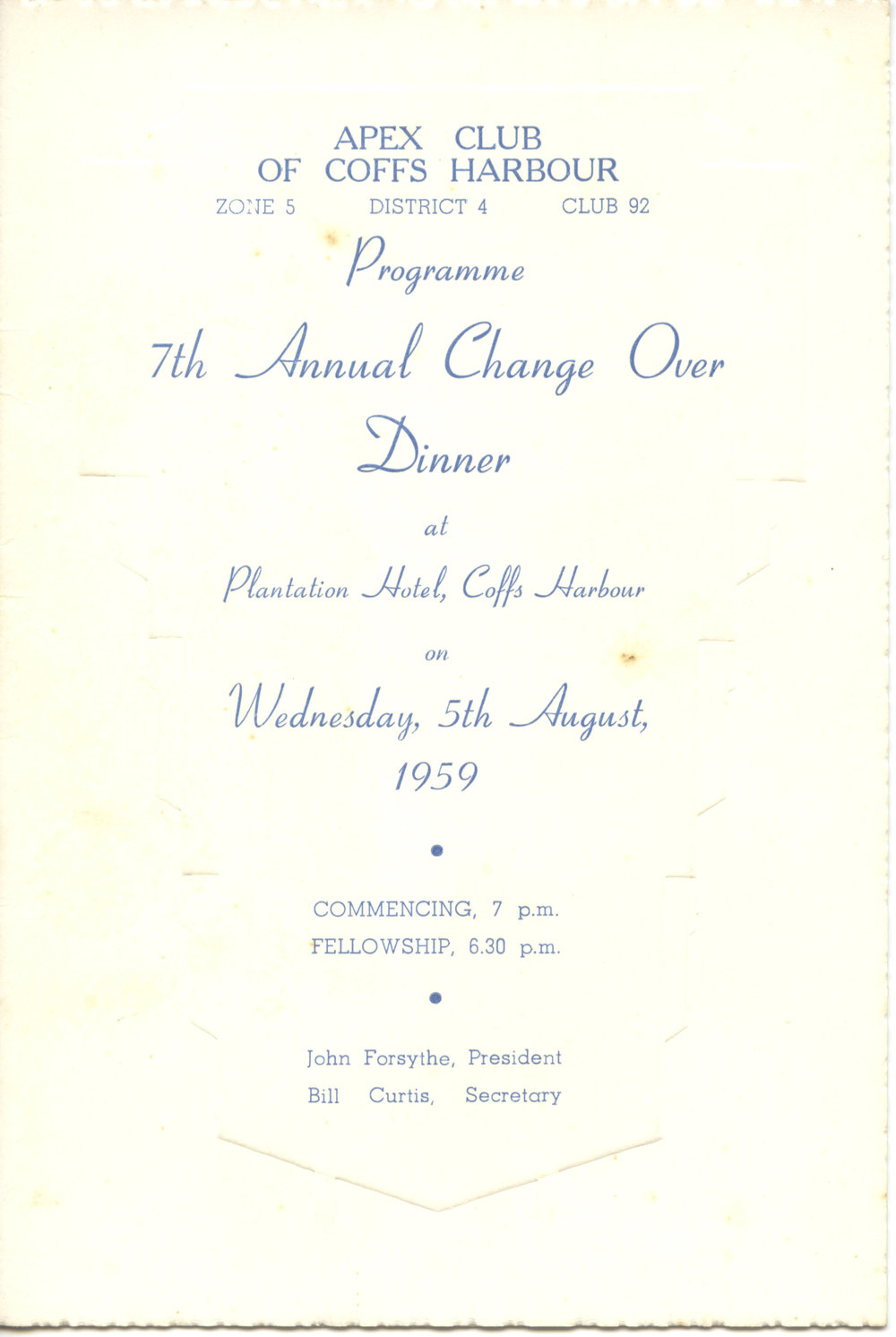 Apex Club Dinner Programme, Plantation Hotel, 1959
