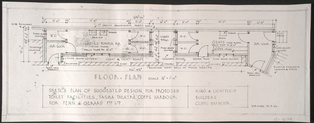Design plan for proposed toilet facilities, Tasma Theatre, 1962