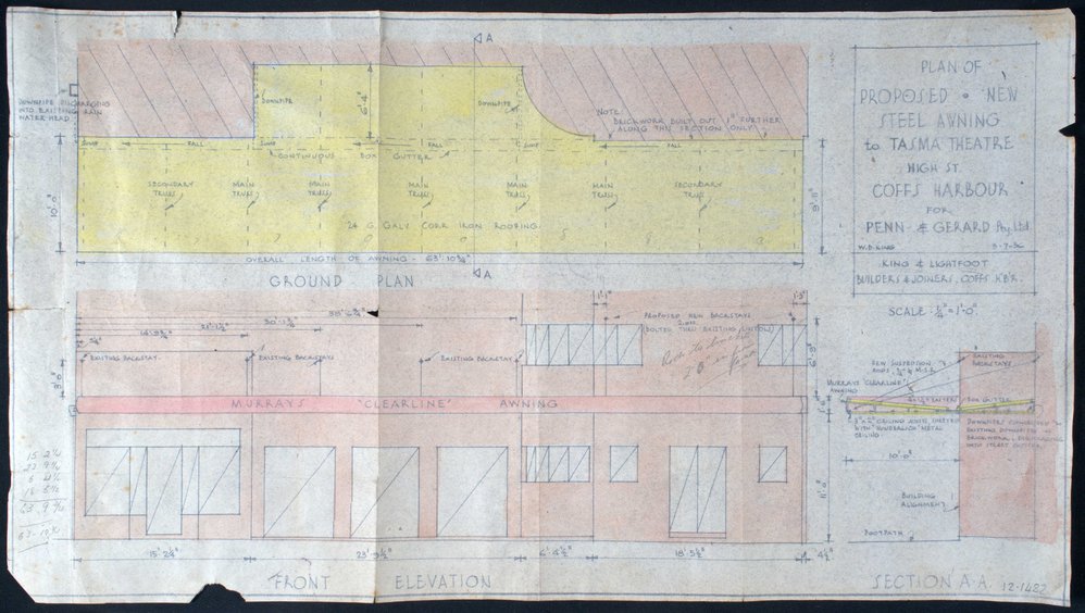 Plan of proposed new steel awning to Tasma Theatre, 1956