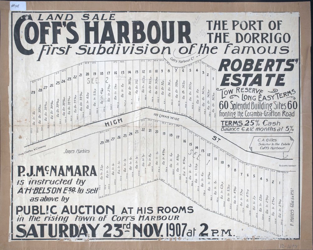 Coff's Harbour: First subdivision of Roberts' Estate poster, 1907