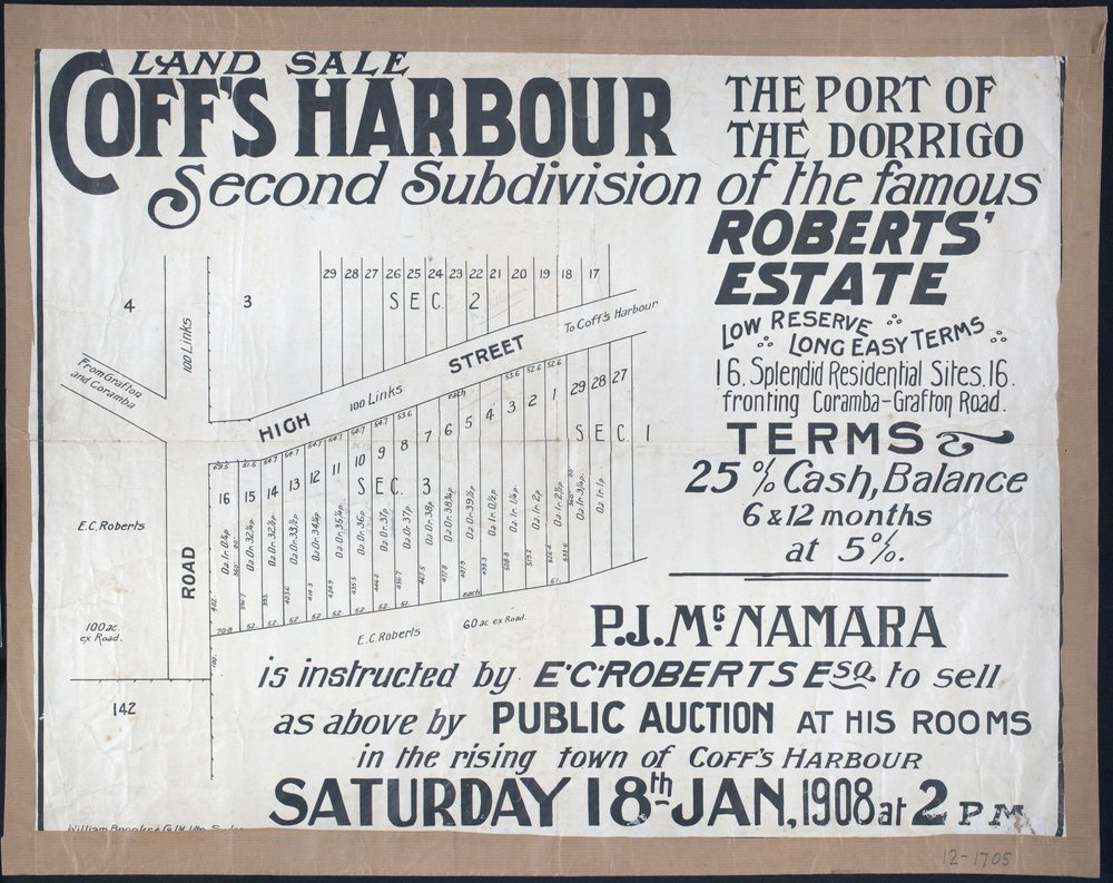 Coff's Harbour: Roberts' Estate land sale poster, 1908