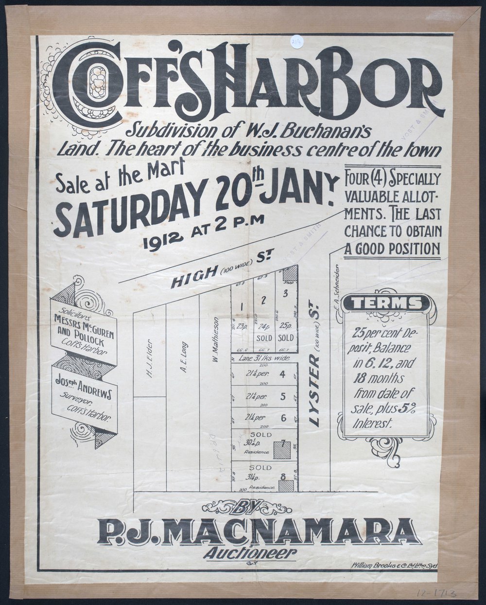Coff's Harbor land sale poster, 1912