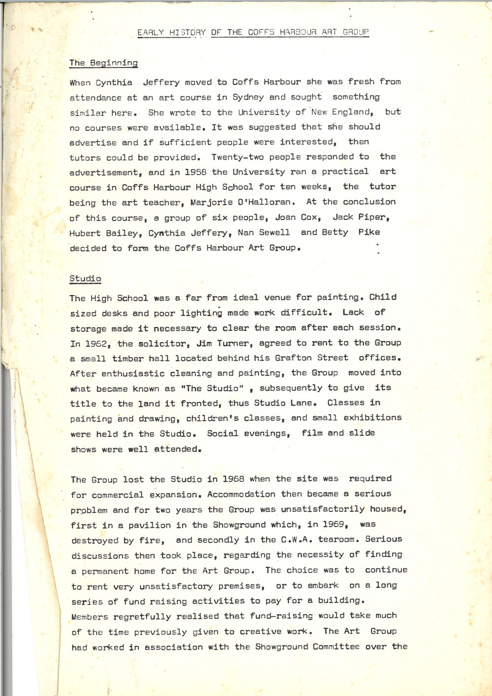 Early History of the Coffs Harbour Art Group