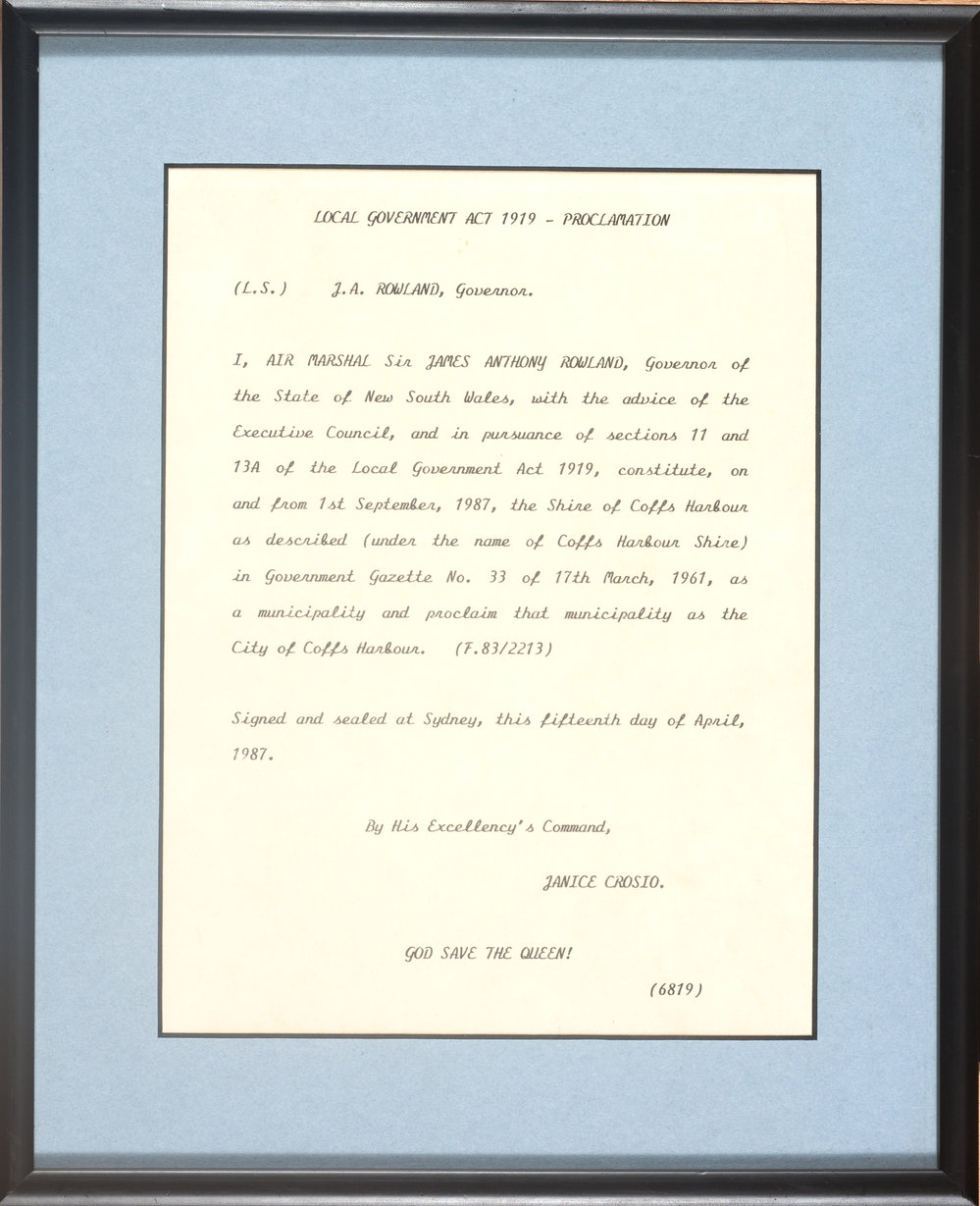 Proclamation declaring Coffs Harbour a city, 15 April 1987