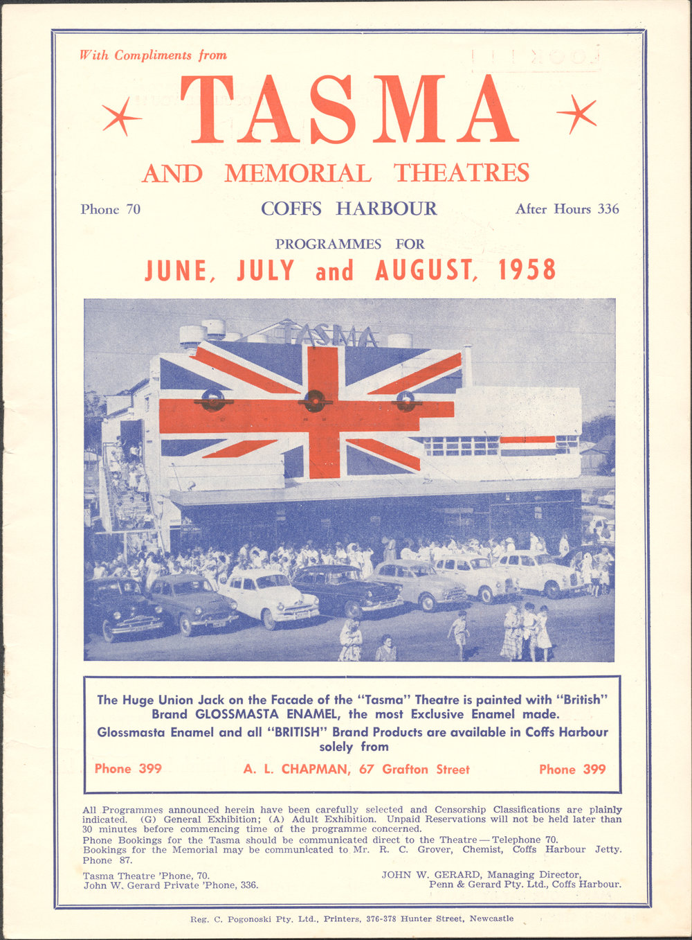 Tasma &amp; Memorial Theatre programme, June to August 1958