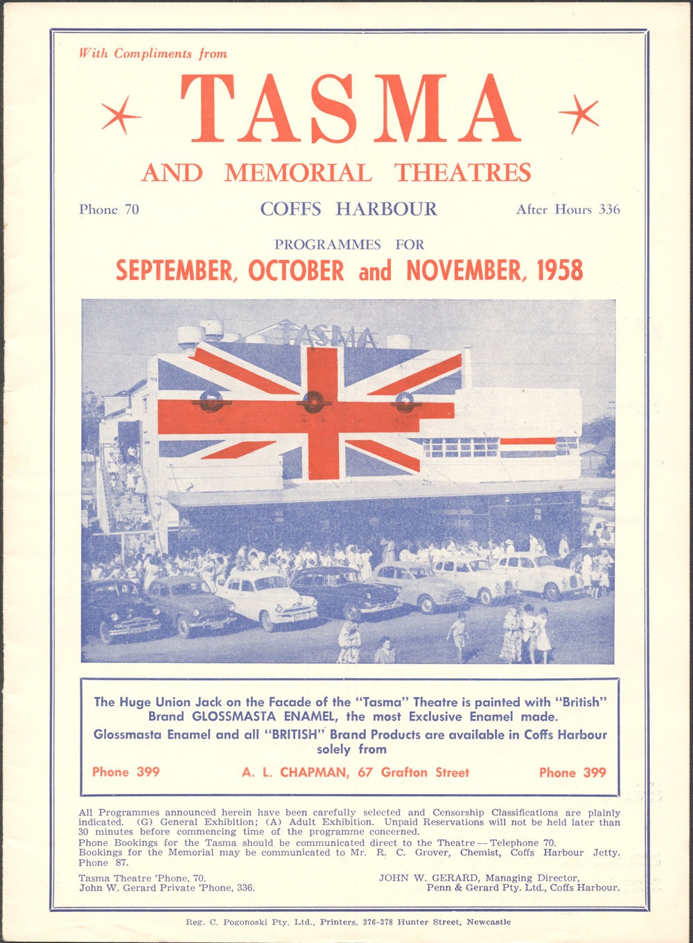 Tasma &amp; Memorial Theatre programme, September to November 1958