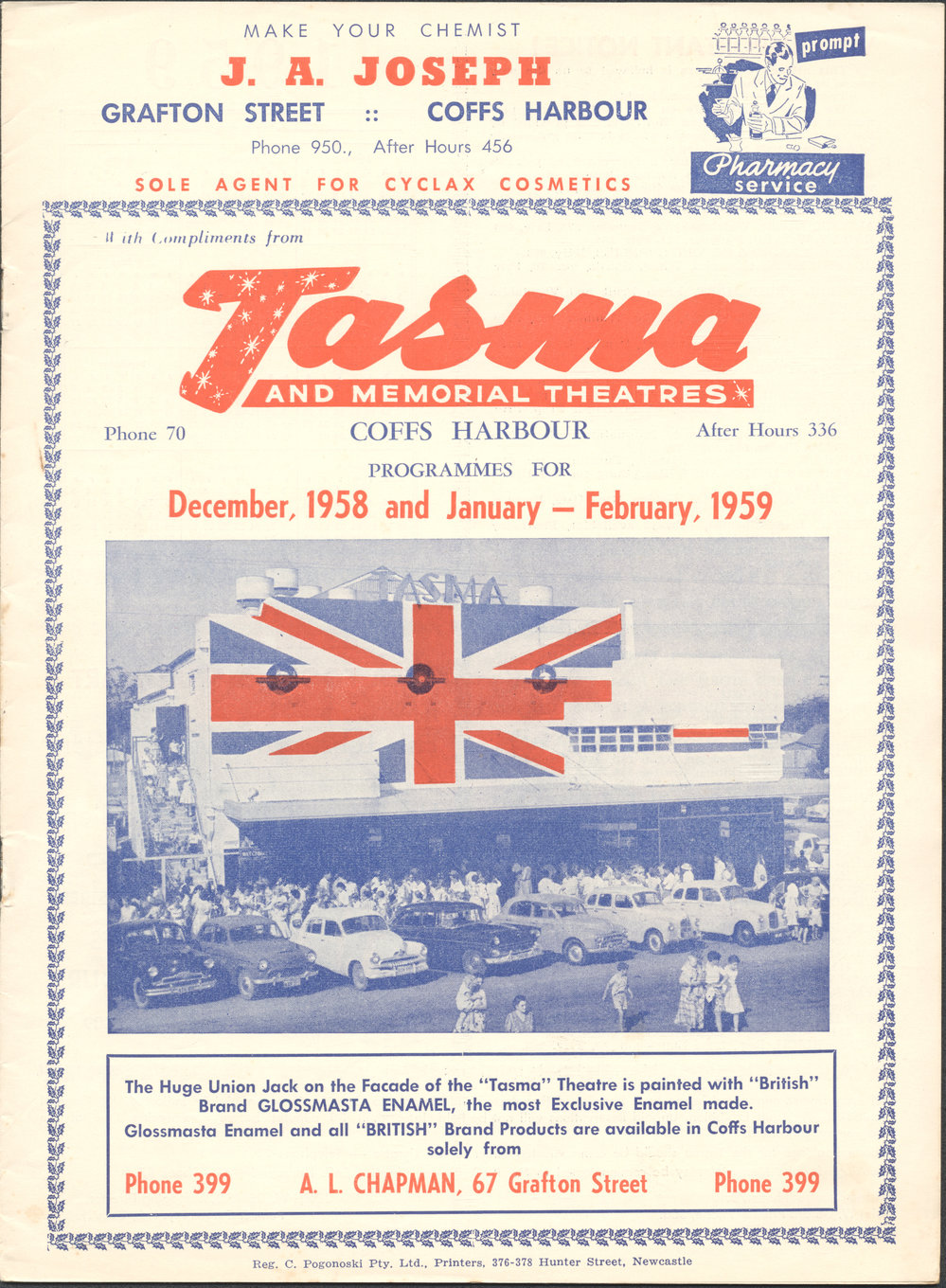 Tasma &amp; Memorial Theatre programme, December 1958 to February 1959