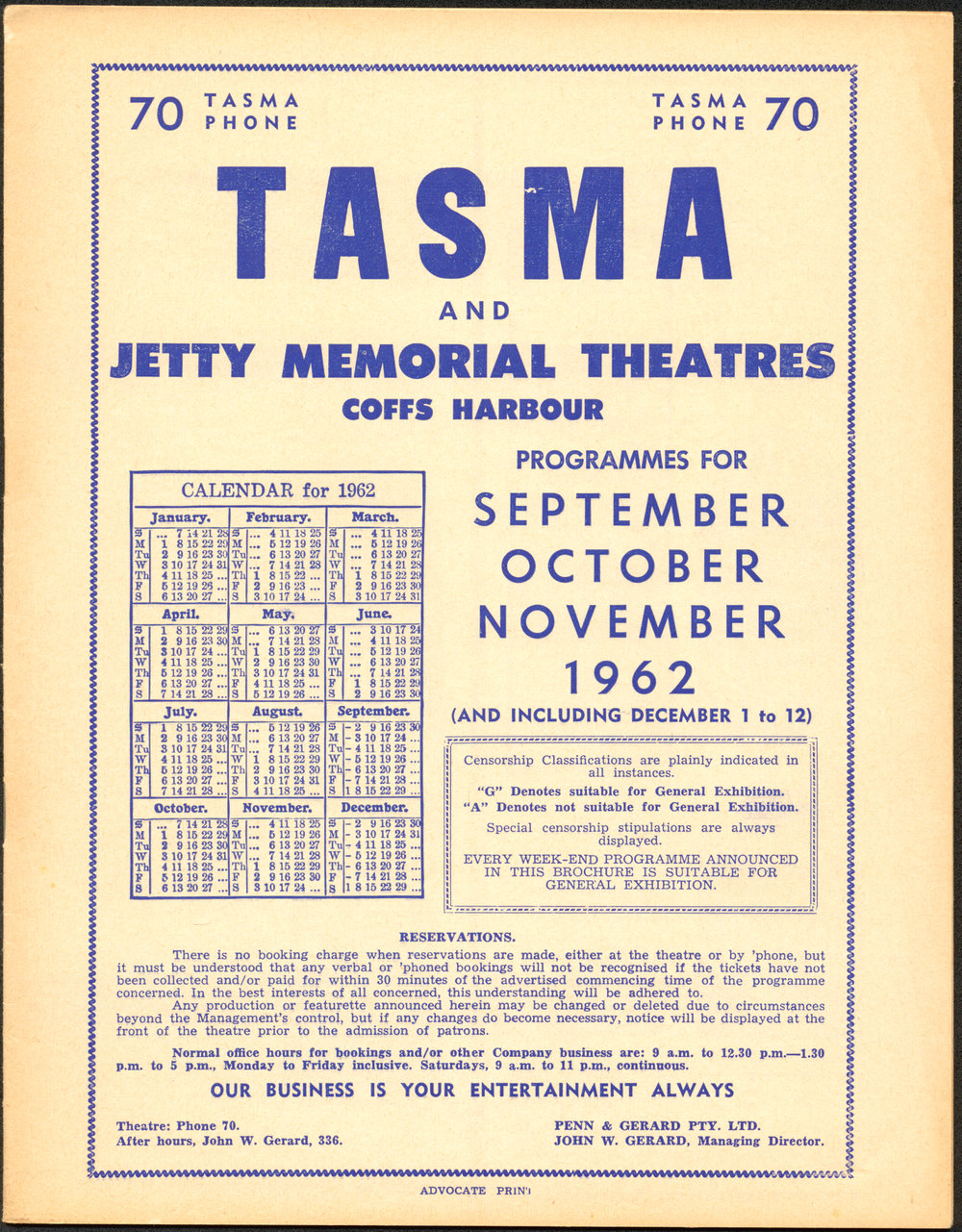 Tasma &amp; Memorial Theatre programme, September to November 1962